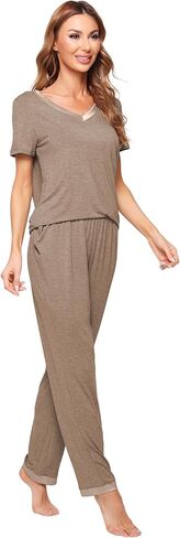 WiWi Viscose from Bamboo Womens Pajamas Set Soft V Neck Sleepwear Short Sleeve Top with Pant Lightweight S-3X in Kuwait
