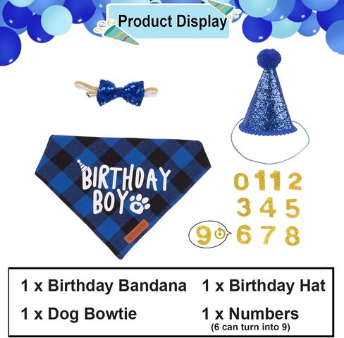 ADOGGYGO Dog Birthday Hat Bandana Set, Blue Plaid Boy Dog Bandana, X-Large in Saudi Arabia