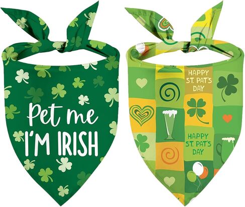 St Patrick's Day Dog Bandanas - Lucky Shamrock Puppy Scarf - 2 Pcs Adjustable Triangle Double-Layer Reversible Pet Bandanas for Small Medium Large Dogs in Saudi Arabia
