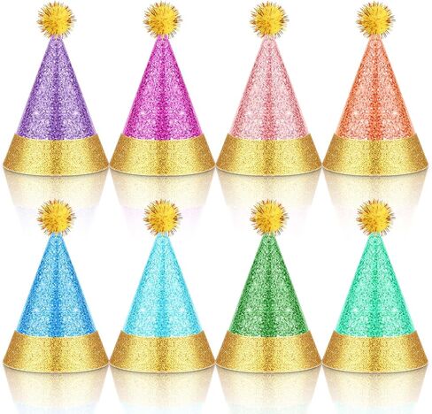 40 Pcs Mini Party Hats with Pompoms, Glitter Stuffed Animals Birthday Party Cone Hat for Stuffed Animals Pets Party(Macaron Glitter,2 x 3 Inch) in Kuwait