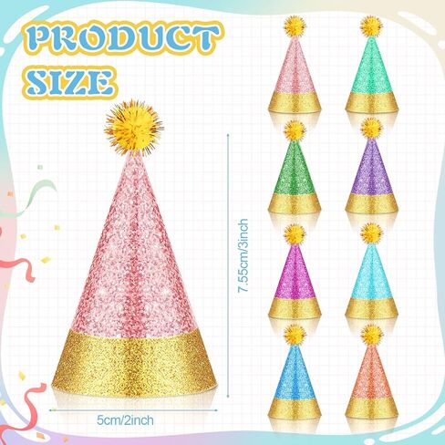 40 Pcs Mini Party Hats with Pompoms, Glitter Stuffed Animals Birthday Party Cone Hat for Stuffed Animals Pets Party(Macaron Glitter,2 x 3 Inch) in Kuwait