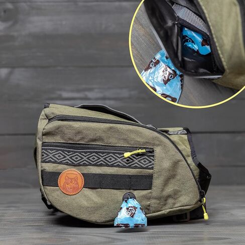 Wilderdog Dog Backpack with Built in Harness and Back-Mounted D-Ring Leash Attachment, Handle, Two Saddlebags with 4 Total Pockets, Built in Poop Bag Dispenser (Huckleberry, Large) in Saudi Arabia
