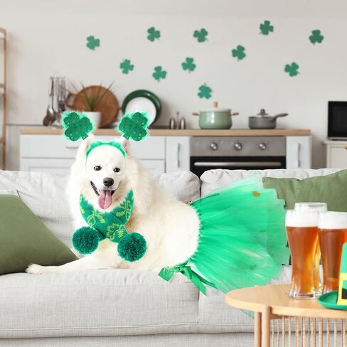 3 Pcs St Patrick's Day Dog Costume Set Including Sequins Shamrock Headband St. Patrick's Day Dog Tutu Dress Cute Pet Tutu Green Irish Pet Scarf for Medium Dogs Holiday Outfit Accessory in Kuwait