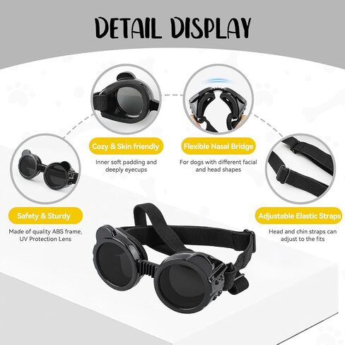 Enjoying Dog Goggles Small Breed, UV Protection Sunglasses for Dogs Small Breed, Windproof Driving Doggy Goggles, Snow Day Dog Eye Protection, Anti-Fog Dustproof, Adjustable Straps, Black in Kuwait