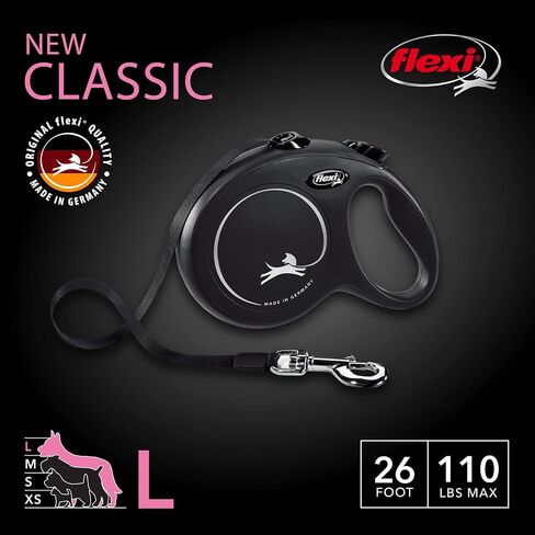 FLEXI New Classic Tape Retractable Dog Leash for Large Dogs Upto 110 lbs. – 26 ft., Black | Tangle Free Pet Walking Leash with One-Handed Brake, Pause, Lock|German Quality Product in Saudi Arabia
