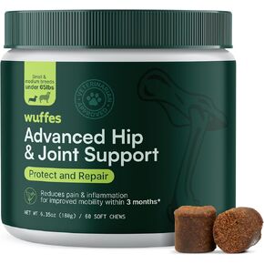 Wuffes Advanced Dog Hip and Joint Supplement with Glucosamine, Chondroitin, Omega 3, MSM, and Green Lipped Mussel, 60 Pork Flavored Chews for Small and Medium Dog Breeds