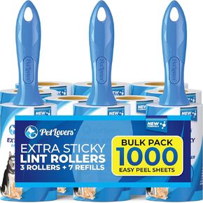 PetLovers Extra Sticky Lint Roller Bulk Value Set 1,000 Sheets 3 Rollers 7 Refills for Pet Hair Removal, Dog and Cat Lint Remover