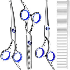 Dog Grooming Scissors with Safety Round Tips Stainless Steel Professional Dog Grooming Kit - Thinning, Curved Scissors and Comb for Dog Cat Pet (Pink 4 in 1)