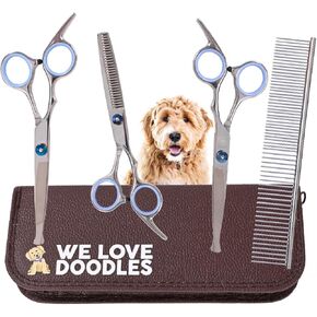 Dog Grooming Scissors Kit - Best Tools For Goldendoodles, Poodles & Doodles - Straight, Curved & Thinning Shears - Golden Doodle Grooming Kit - Professional Grade Steel, 4 Pc Set [We Love Doodles]