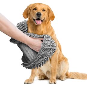 Muddy Mat Doggy Dryer, Highly Absorbent Microfiber Washable Dog Shammy Quick Drying Towel Absorber - Extra Soft Plush Wrap Chenille Bath Towels to Dry Soggy Large Pets & Small Puppy-Grey 13"x31"