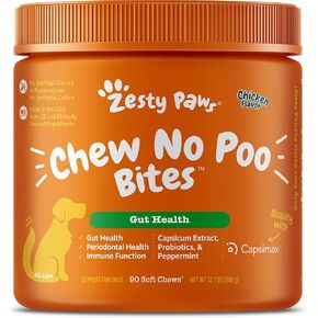 Zesty Paws Chew No Poo Bites for Dogs - Coprophagia Relief - Stool Eating Deterrent Soft Chews for Dogs - Gut, Periodontal & Immune System Support with Probiotics - Chicken - 90 Ct