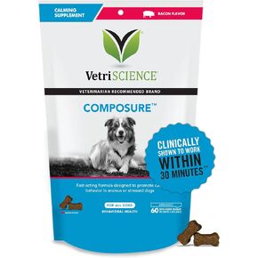 VETRISCIENCE Calm & Confident Chews, Composure Clinically Tested Calming & Anxiety Supplement for Dogs, Reduce Stress & Fear, Ideal for Thunderstorms, Fireworks & Travel, Chicken, 60 Count
