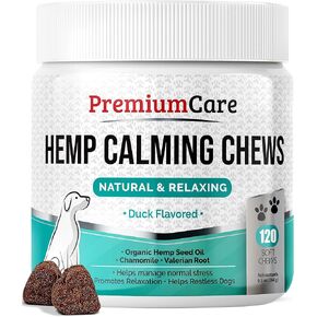 PREMIUM CARE Hemp Calming Chews for Dogs, 9.3 oz (264g), Duck Flavor, Calming Treats for Dogs, Dog Calming Chews, Dog Anxiety Chews, Anti Anxiety Relief, Valerian Root, L-Tryptophan, 120 Soft Chews