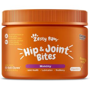 Zesty Paws Hip and Joint Supplement for Dogs - Glucosamine with Chondroitin, MSM, Vitamins C and E Dog Joint Relief - Mobility Bites Bacon – 90 Count