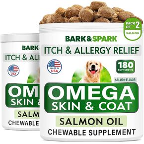 BARK&SPARK Dog Allergy Relief Chews (180 Treats) - Anti-Itch Skin & Coat Supplement - Omega 3 Fish Oil - Itchy Skin Relief Treatment Pills - Itching&Paw Licking - Dry Skin & Hot Spots - Chicken Liver
