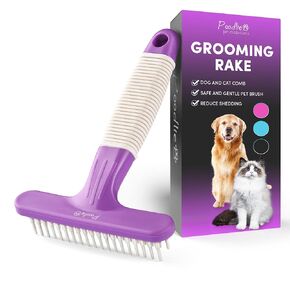 Poodlie Poodle Pet Dog Grooming Rake | أداة إلغاء تسليط الفولاذ المقاوم للصدأ مشط للحيوانات الأليفة | 2 صفوف من المسامير تزيل الشعر بلطف أو متشابك من المعطف | مقبض أرجواني
