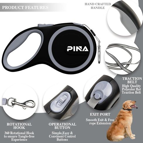 مقود الكلب القابل للسحب ، مقود الكلب 26 قدمًا للكلاب الكبيرة المتوسطة الكبيرة التي يصل إلى 110 رطلاً ، وشريط نايلون عاكس قوي 360 درجة ، مع مقبض مضاد للانزلاق ، فرامل بيد واحدة ، قفل-أزرق أسود in Kuwait