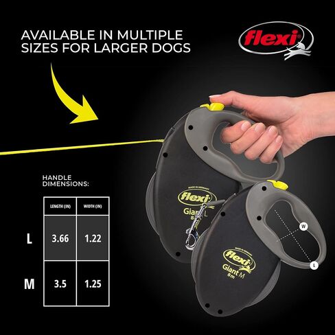 Flexi Tape Giant Tape القابلة للسحب للكلاب الكبيرة حتى 110 رطلاً. - 26 قدم ، أسود | تشابك مقودًا مجانيًا للحيوانات الأليفة مع الفرامل بيد واحدة ، وقفة ، قفل | منتج الجودة الألمانية in Kuwait