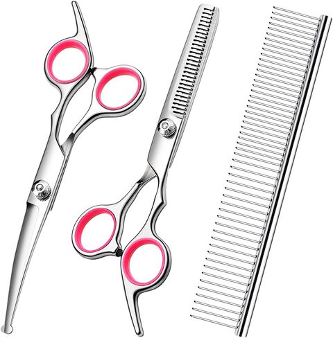 Dog Grooming Scissors with Safety Round Tips Stainless Steel Professional Dog Grooming Kit - Thinning, Curved Scissors and Comb for Dog Cat Pet (Pink 4 in 1) in Kuwait