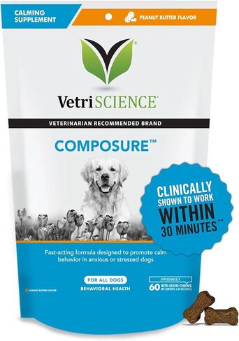 VETRISCIENCE Calm & Confident Chews, Composure Clinically Tested Calming & Anxiety Supplement for Dogs, Reduce Stress & Fear, Ideal for Thunderstorms, Fireworks & Travel, Chicken, 60 Count in Saudi Arabia