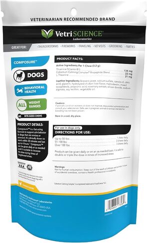 VETRISCIENCE Calm & Confident Chews, Composure Clinically Tested Calming & Anxiety Supplement for Dogs, Reduce Stress & Fear, Ideal for Thunderstorms, Fireworks & Travel, Chicken, 60 Count in Saudi Arabia
