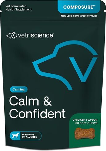 VETRISCIENCE Calm & Confident Chews, Composure Clinically Tested Calming & Anxiety Supplement for Dogs, Reduce Stress & Fear, Ideal for Thunderstorms, Fireworks & Travel, Chicken, 60 Count in Saudi Arabia
