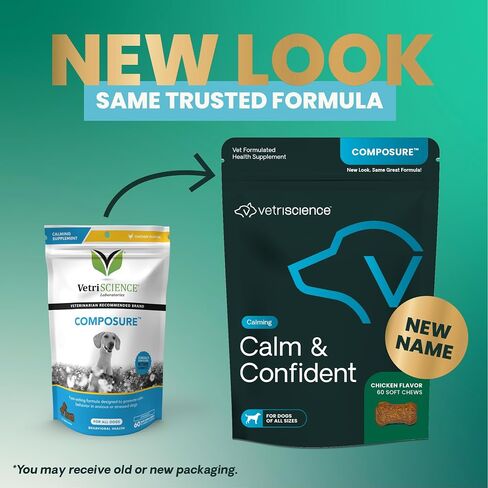 VETRISCIENCE Calm & Confident Chews, Composure Clinically Tested Calming & Anxiety Supplement for Dogs, Reduce Stress & Fear, Ideal for Thunderstorms, Fireworks & Travel, Chicken, 60 Count in Saudi Arabia