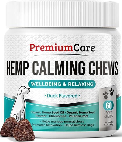PREMIUM CARE Hemp Calming Chews for Dogs, 9.3 oz (264g), Duck Flavor, Calming Treats for Dogs, Dog Calming Chews, Dog Anxiety Chews, Anti Anxiety Relief, Valerian Root, L-Tryptophan, 120 Soft Chews in Saudi Arabia