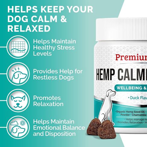 PREMIUM CARE Hemp Calming Chews for Dogs, 9.3 oz (264g), Duck Flavor, Calming Treats for Dogs, Dog Calming Chews, Dog Anxiety Chews, Anti Anxiety Relief, Valerian Root, L-Tryptophan, 120 Soft Chews in Saudi Arabia