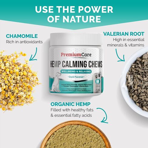 PREMIUM CARE Hemp Calming Chews for Dogs, 9.3 oz (264g), Duck Flavor, Calming Treats for Dogs, Dog Calming Chews, Dog Anxiety Chews, Anti Anxiety Relief, Valerian Root, L-Tryptophan, 120 Soft Chews in Saudi Arabia