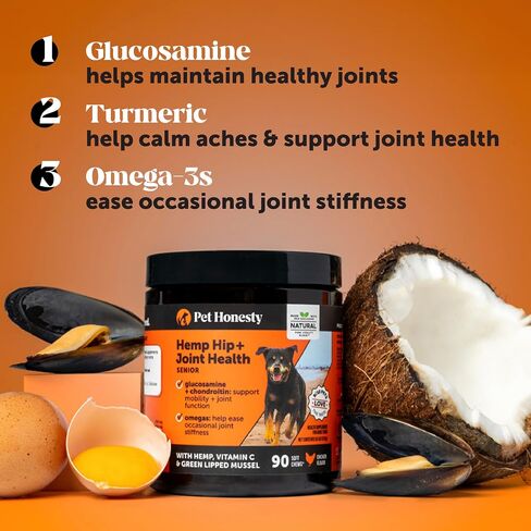 Pet Honesty Hemp Hip & Joint Supplement for Dogs - Hemp Oil & Hemp Powder - Glucosamine Chondroitin for Dogs, Turmeric, MSM, Green-Lipped Mussel, Supports Mobility, May Reduce Discomfort (Bacon) in Kuwait