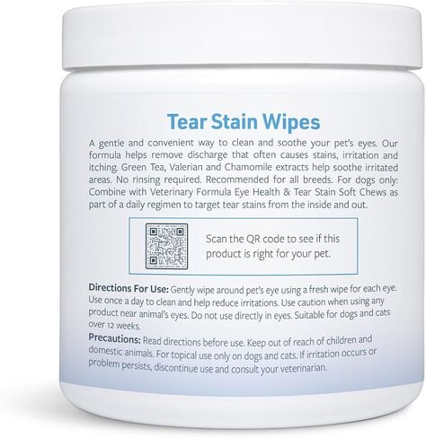 Veterinary Formula Smart Coat Complex Tear Stain Wipes for Dogs & Cats, 100 ct – Gently Wipe Away Debris and Clean Stains Around The Eyes of Pets, Fragrance-Free and Pre-Saturated in Saudi Arabia