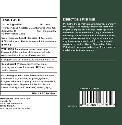 Chew + Heal Labs Hydrocortisone Lotion for Dogs - 4 oz Anti Itch Cream for Irritated Skin, Flea Bites, Itching, and More - Made in The USA in Kuwait