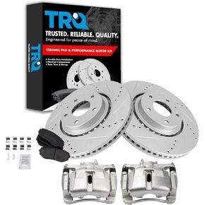 TRQ Front Performance Brake Pad & Rotor Kit Brake Caliper Brake Pads Brake Rotors Set Ceramic Premium G-Coated Compatible with 2007-2012 Mazda CX-7