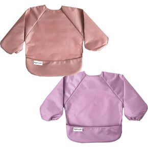 Tiny Twink Mess Proof Baby Bib ، 2 pack alweve sleeve bib oufft ، bibs مقاومة للماء للأطفال الصغار ، قابلة للغسل في الآلة ، إغلاق إثبات السحب ، ودعم الطفل للأكل ، والأكمام الطويلة (Llate Olive ، 6-24 شهرًا) in Kuwait