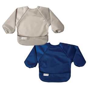 Tiny Twinkle Mess Proof Baby Bib, 2 Pack Full Sleeve Bib Outfit, Waterproof Bibs for Toddlers, Machine Washable, Tug Proof Closure, Baby Smock for Eating, Long Sleeve (Slate Olive, Small 6-24 Months)