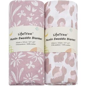 LifeTree Muslin Swaddle Blankets Neutral, Baby Swaddling Wrap Nursery Blanket for Boys & Girls Unisex, Soft 70% Viscose from Bamboo and 30% Cotton, Large 47 x 47 inches, Bear & Checkered Coffee