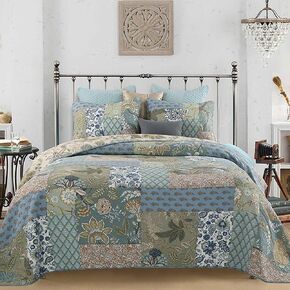 YAYIDAY Quilt King Size Patchwork Bedspread - 100% Cotton Reversible Breathable Green Leaves Quilted Quilt with Pillow Shams for All Seasons