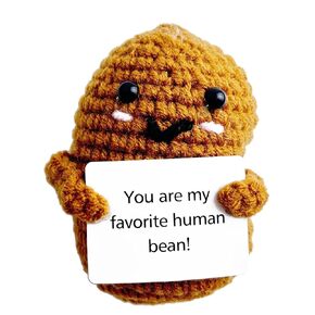 Mini Funny Positive Crochet Coffee Bean, 3 inch Knitted Doll with Positive Card for Cheer Up Gifts and Party Decorations, Cute Bean Crochet Doll for Valentine's Day Gifts