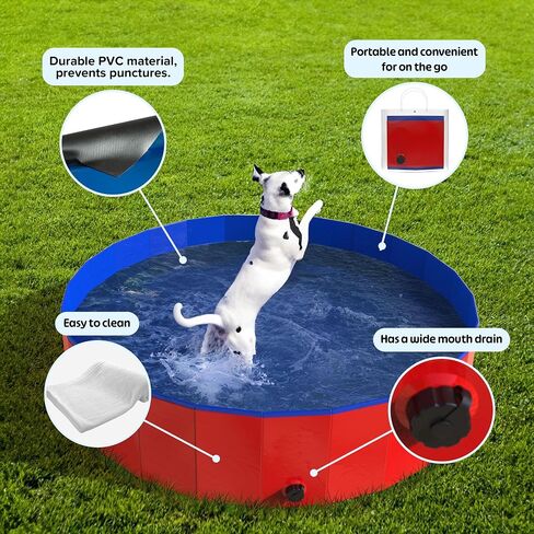 Foldable Dog Pool - 47x12in Pet Pool - Durable PVC Outdoor Pool with Drain for Grooming, Bathing, or Play - Dog Pools for Large Dogs by PETMAKER (Red) in Saudi Arabia