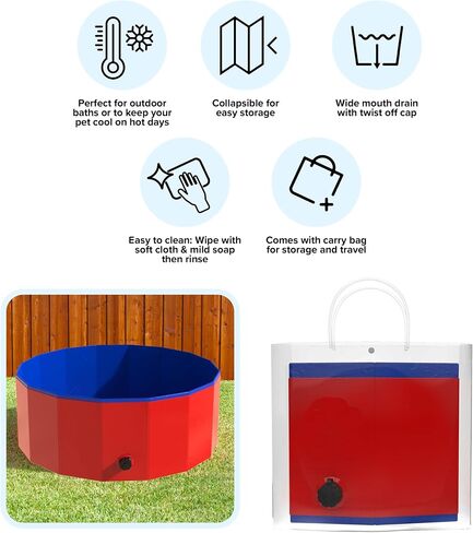 Foldable Dog Pool - 47x12in Pet Pool - Durable PVC Outdoor Pool with Drain for Grooming, Bathing, or Play - Dog Pools for Large Dogs by PETMAKER (Red) in Saudi Arabia