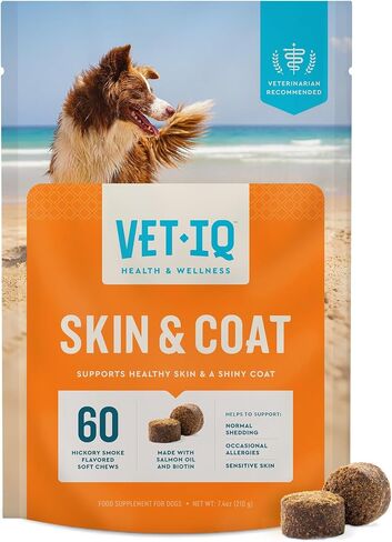 VetIQ Skin and Coat Supplement for Dogs, Helps Maintain Healthy Skin and Shiny Coat, Hickory Smoke Flavor Dog Chew, Made in The USA, 60 Count in Saudi Arabia