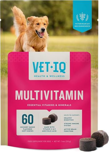 VetIQ Multivitamin Supplement for Dogs, Supports Active Brain Function, Immune System, and Digestive System, Hickory Smoke Flavored Dog Multivitamin, Made in The USA, 60 Count in Kuwait