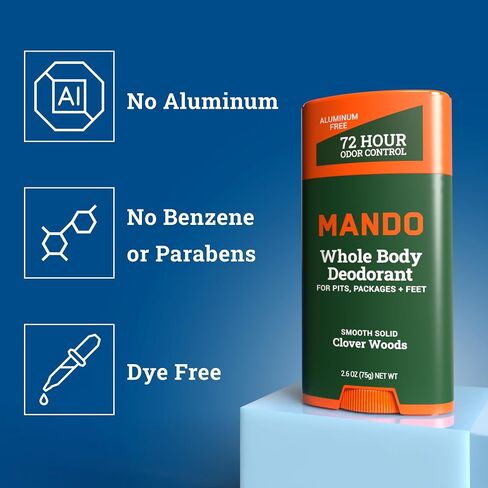Mando Whole Body Deodorant For Men - Smooth Solid Stick - 72 Hour Odor Control - Aluminum Free, Baking Soda Free, Skin Safe - 2.6 Ounce (Pack of 2) - Unscented in Kuwait