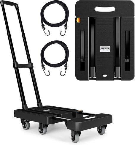 Folding Hand Trucks, Heavy Duty Dolly Cart with 6 Wheels & 2 Elastic Ropes, Foldable & Ideal for Luggage, Travel, Moving, Shopping, Office Use, Hold Up to 500 LB, Easy to Store, Coal Black in Saudi Arabia