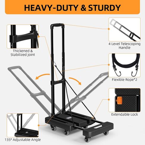 Folding Hand Trucks, Heavy Duty Dolly Cart with 6 Wheels & 2 Elastic Ropes, Foldable & Ideal for Luggage, Travel, Moving, Shopping, Office Use, Hold Up to 500 LB, Easy to Store, Coal Black in Saudi Arabia