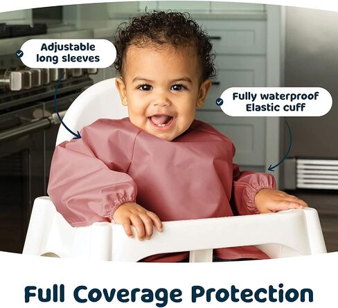 Tiny Twink Mess Proof Baby Bib ، 2 pack alweve sleeve bib oufft ، bibs مقاومة للماء للأطفال الصغار ، قابلة للغسل في الآلة ، إغلاق إثبات السحب ، ودعم الطفل للأكل ، والأكمام الطويلة (Llate Olive ، 6-24 شهرًا) in Kuwait