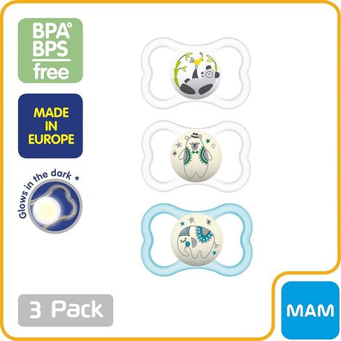 MAM Air Night Pacifiers (1 Sterilizing Pacifier Case), MAM Sensitive Skin Pacifier 6+ Months, Glow in the Dark Pacifier, Best Pacifier for Breastfed Babies, Baby Boy Pacifiers, 6-16 - 2 Ct (Pack of 1) in Kuwait