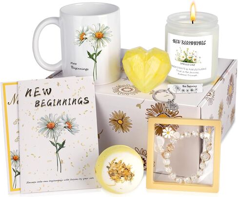 Extrogif New Beginnings Gifts for Women - Coffee Mug, Scented Candles, Daisy Positive Crochet Flowers, Gift Baskets for Graduation, Coworker Farewell Leaving, Goodbye, Going Away, New Job, Divorce in Saudi Arabia