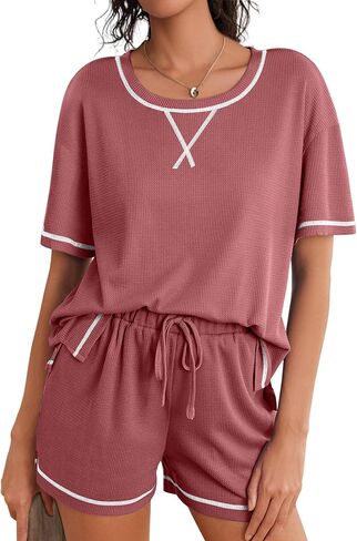 GEMLON Womens Pajama Sets Waffle Knit Short Sleeve Lounge Set 2 Piece Sleepwear Loungewear Sets Matching Set in Saudi Arabia